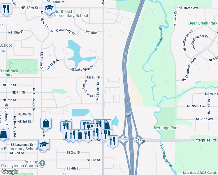 map of restaurants, bars, coffee shops, grocery stores, and more near 1103 Northeast 7th Lane in Ankeny