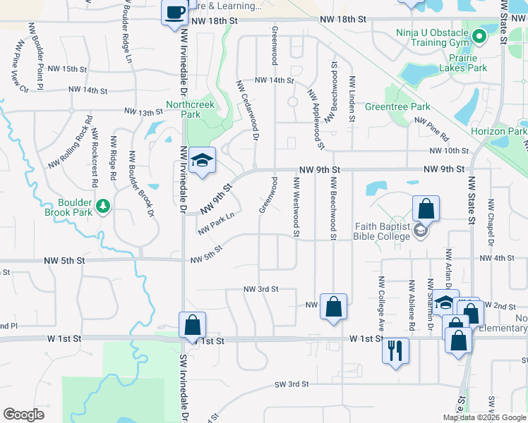 map of restaurants, bars, coffee shops, grocery stores, and more near 608 Northwest Greenwood Street in Ankeny