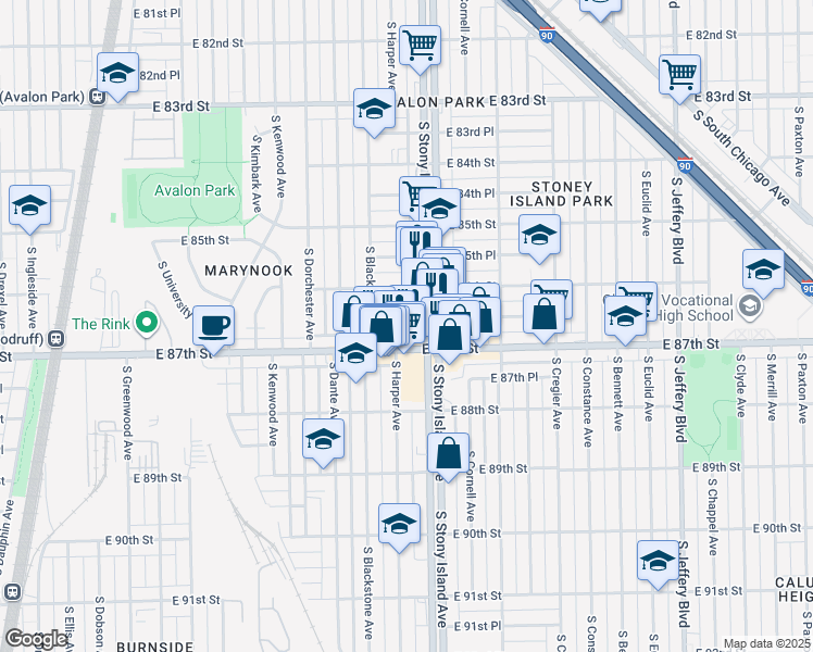 map of restaurants, bars, coffee shops, grocery stores, and more near 1535 East 86th Place in Chicago
