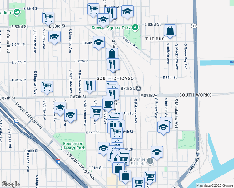 map of restaurants, bars, coffee shops, grocery stores, and more near 3020 East 87th Street in Chicago