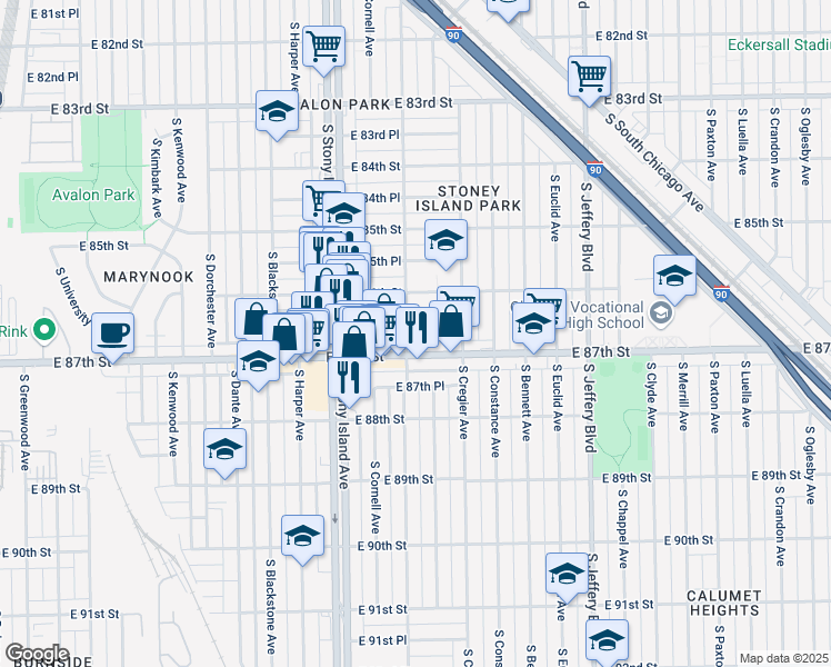 map of restaurants, bars, coffee shops, grocery stores, and more near 1713 East 86th Place in Chicago