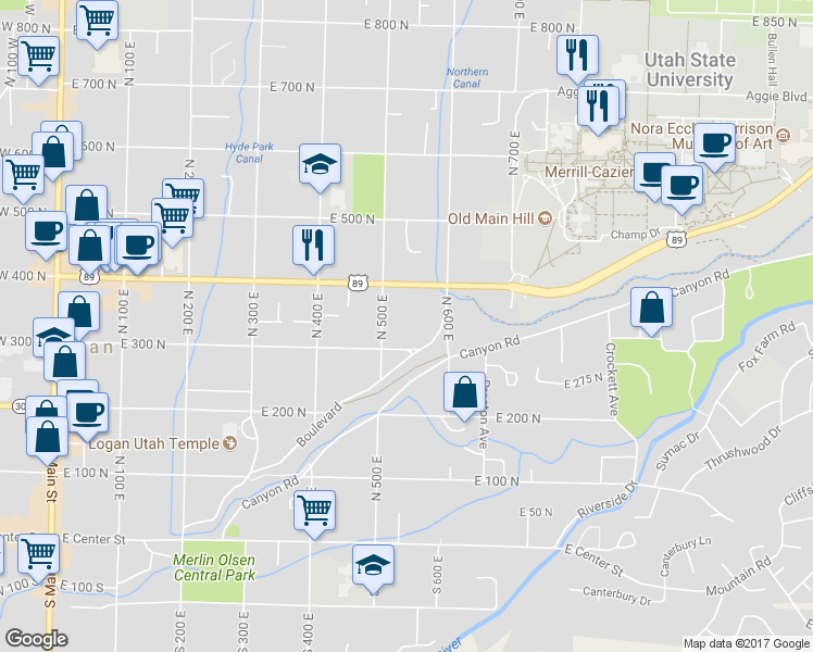 map of restaurants, bars, coffee shops, grocery stores, and more near 340 North 500 East in Logan