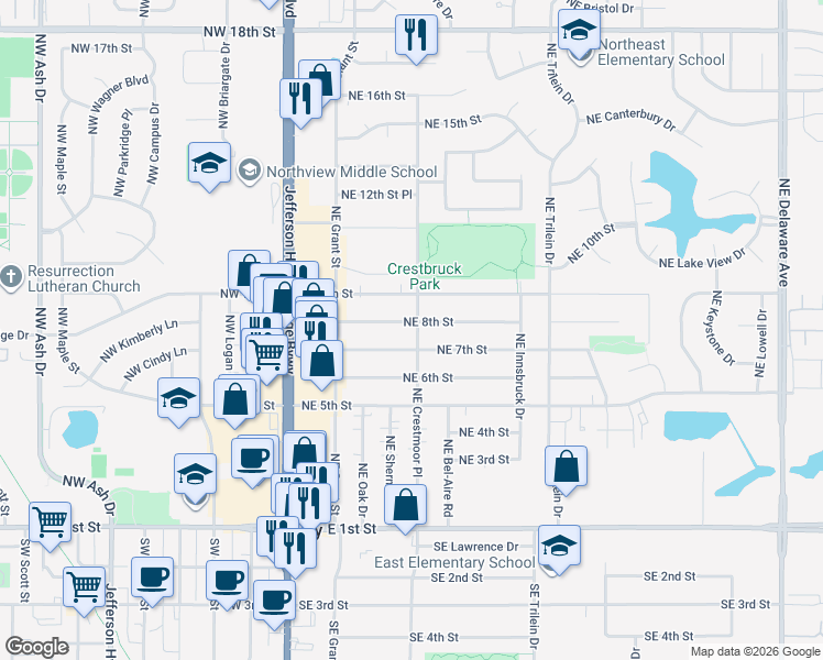 map of restaurants, bars, coffee shops, grocery stores, and more near 710 Northeast Crestmoor Place in Ankeny