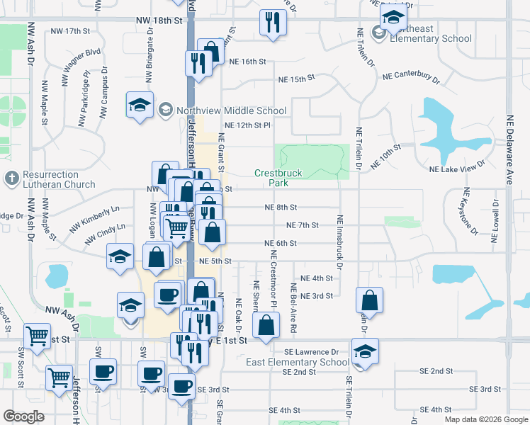 map of restaurants, bars, coffee shops, grocery stores, and more near 710 Northeast Crestmoor Place in Ankeny