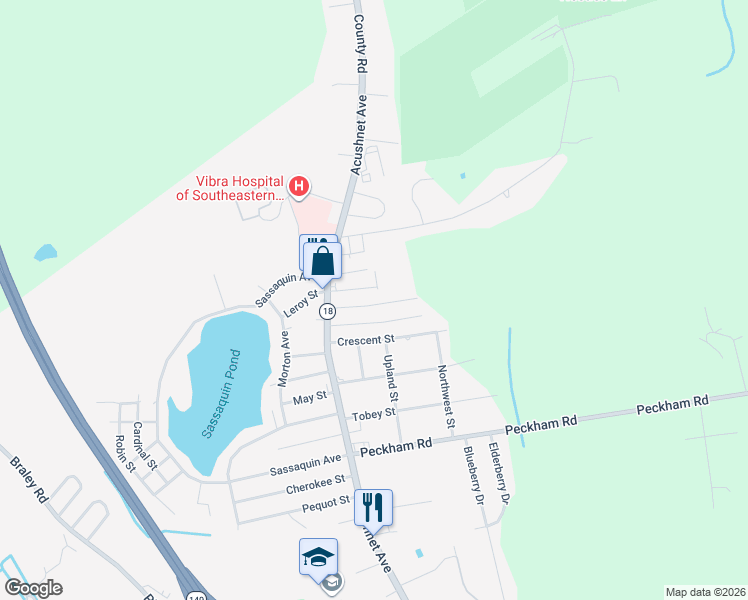 map of restaurants, bars, coffee shops, grocery stores, and more near 953 Oakley Street in New Bedford