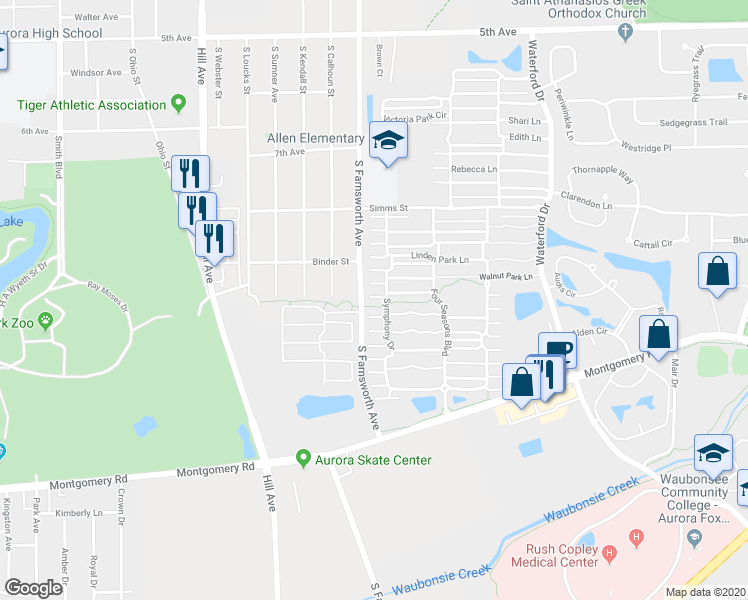 map of restaurants, bars, coffee shops, grocery stores, and more near 951 Symphony Drive in Aurora