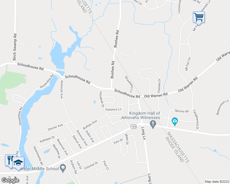 map of restaurants, bars, coffee shops, grocery stores, and more near 2 Prudence Lane in Warren