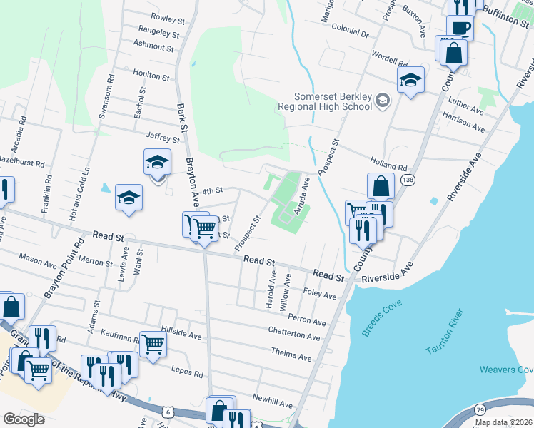 map of restaurants, bars, coffee shops, grocery stores, and more near 184 Prospect Street in Somerset