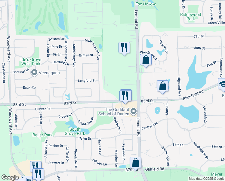 map of restaurants, bars, coffee shops, grocery stores, and more near 8239 Dunham Road in Downers Grove