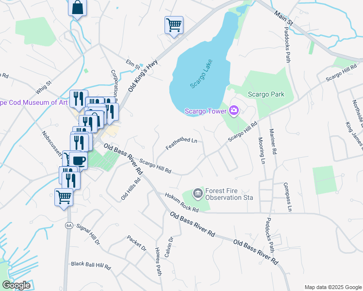 map of restaurants, bars, coffee shops, grocery stores, and more near 45 Featherbed Lane in Dennis