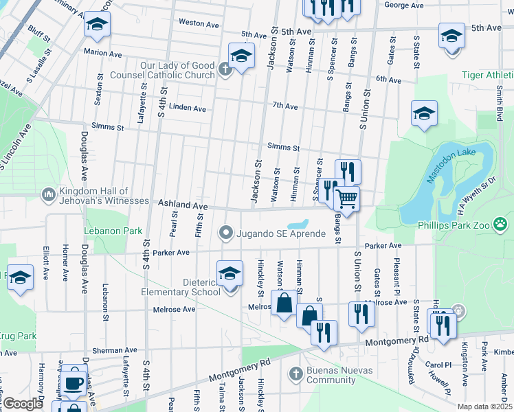 map of restaurants, bars, coffee shops, grocery stores, and more near 940 Jackson Street in Aurora