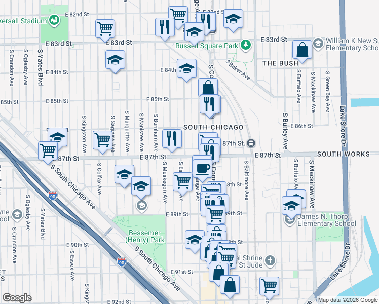 map of restaurants, bars, coffee shops, grocery stores, and more near 2906 East 87th Street in Chicago