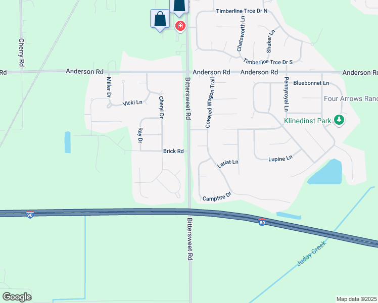 map of restaurants, bars, coffee shops, grocery stores, and more near 52200 Bittersweet Road in Granger