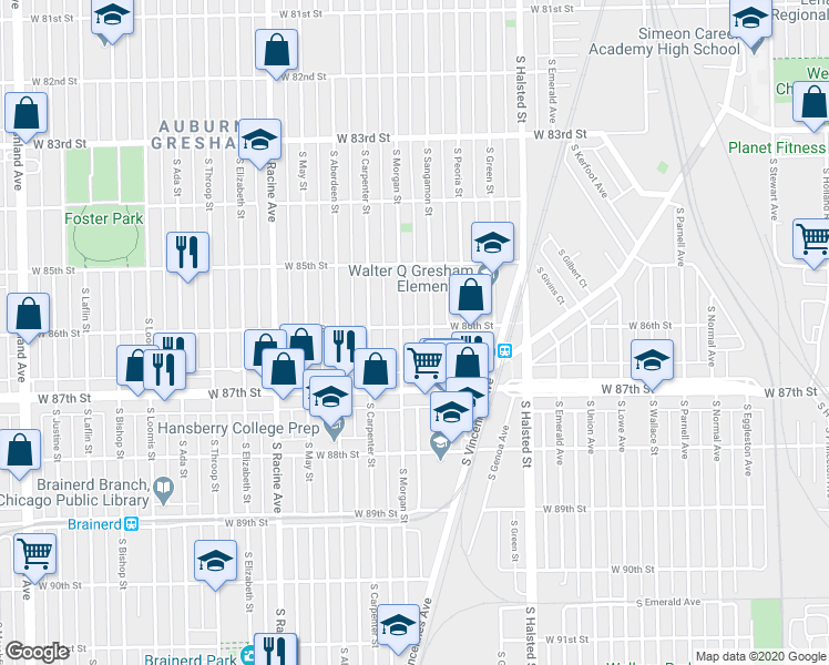map of restaurants, bars, coffee shops, grocery stores, and more near 8601 South Morgan Street in Chicago