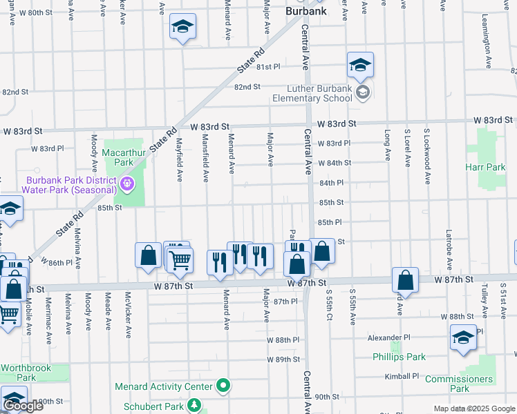 map of restaurants, bars, coffee shops, grocery stores, and more near 8505 Massasoit Avenue in Burbank