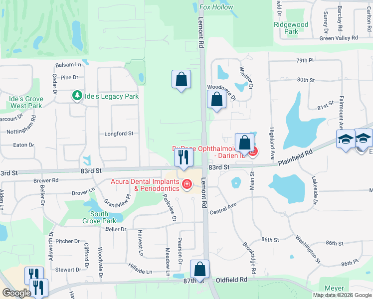 map of restaurants, bars, coffee shops, grocery stores, and more near 8240 Lemont Road in Downers Grove
