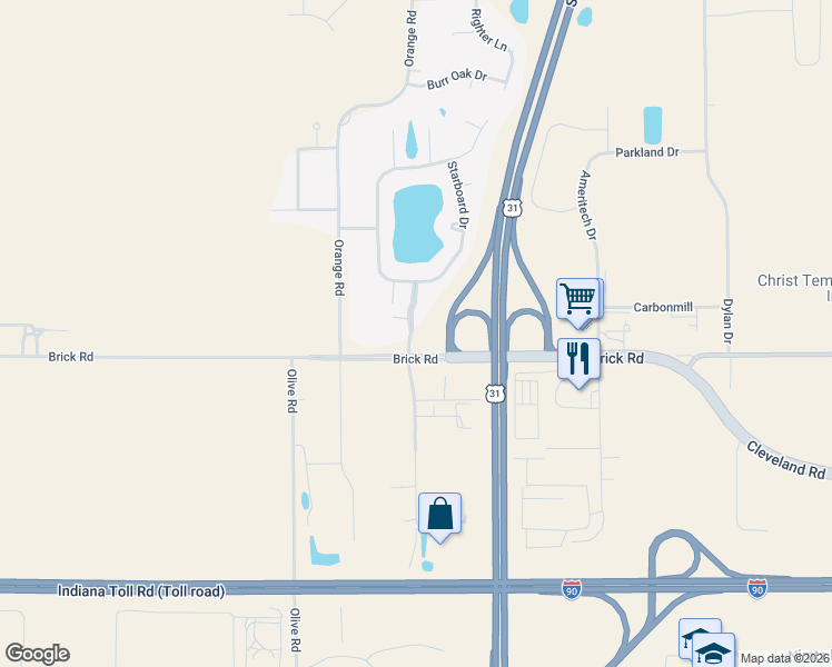 map of restaurants, bars, coffee shops, grocery stores, and more near Lake Blackthorn Drive in South Bend