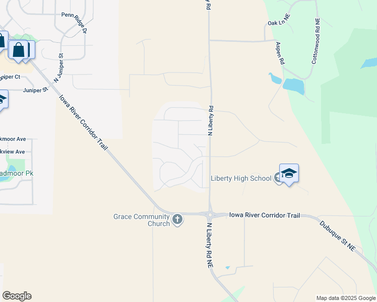 map of restaurants, bars, coffee shops, grocery stores, and more near 1225 Mary Lane in North Liberty