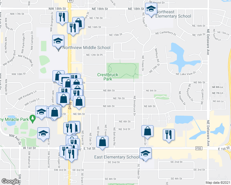 map of restaurants, bars, coffee shops, grocery stores, and more near 417 Northeast 8th Street in Ankeny
