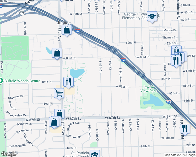 map of restaurants, bars, coffee shops, grocery stores, and more near 8440 South 85th Court in Hickory Hills