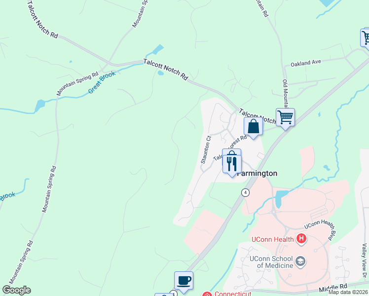 map of restaurants, bars, coffee shops, grocery stores, and more near 38 Metacomet Road in Farmington
