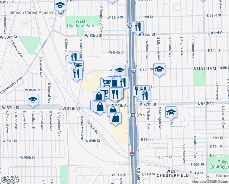 map of restaurants, bars, coffee shops, grocery stores, and more near 112 West 87th Street in Chicago