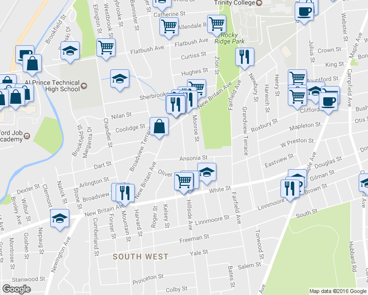map of restaurants, bars, coffee shops, grocery stores, and more near 477 Hillside Avenue in Hartford