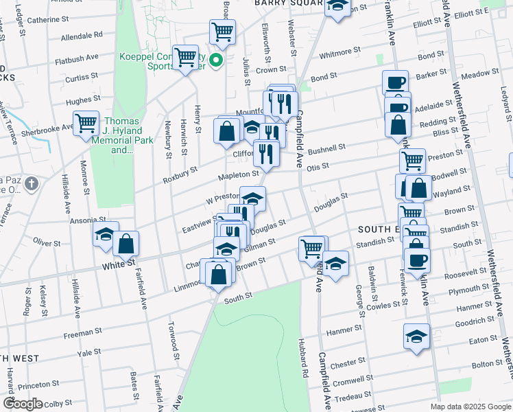 map of restaurants, bars, coffee shops, grocery stores, and more near 808 Maple Avenue in Hartford
