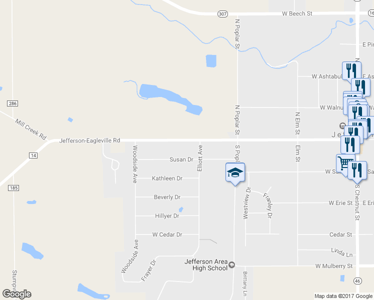 map of restaurants, bars, coffee shops, grocery stores, and more near 321 Susan Drive in Jefferson