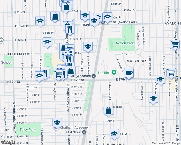map of restaurants, bars, coffee shops, grocery stores, and more near 8630 South Ingleside Avenue in Chicago