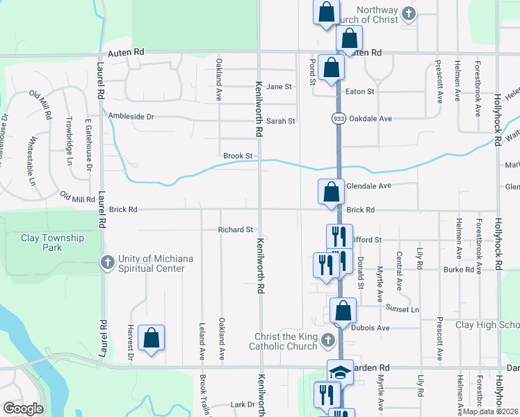 map of restaurants, bars, coffee shops, grocery stores, and more near 20000 Brick Road in South Bend