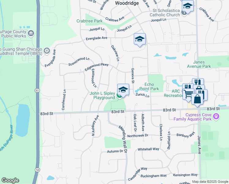 map of restaurants, bars, coffee shops, grocery stores, and more near 2830 Leawood Court in Woodridge