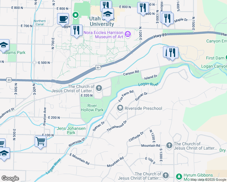 map of restaurants, bars, coffee shops, grocery stores, and more near 367 Lauralin Drive in Logan