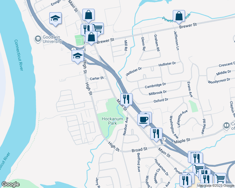 map of restaurants, bars, coffee shops, grocery stores, and more near 210 Main Street in East Hartford