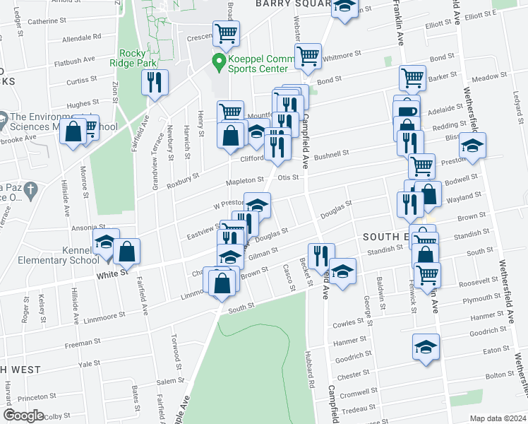 map of restaurants, bars, coffee shops, grocery stores, and more near 822 Maple Avenue in Hartford