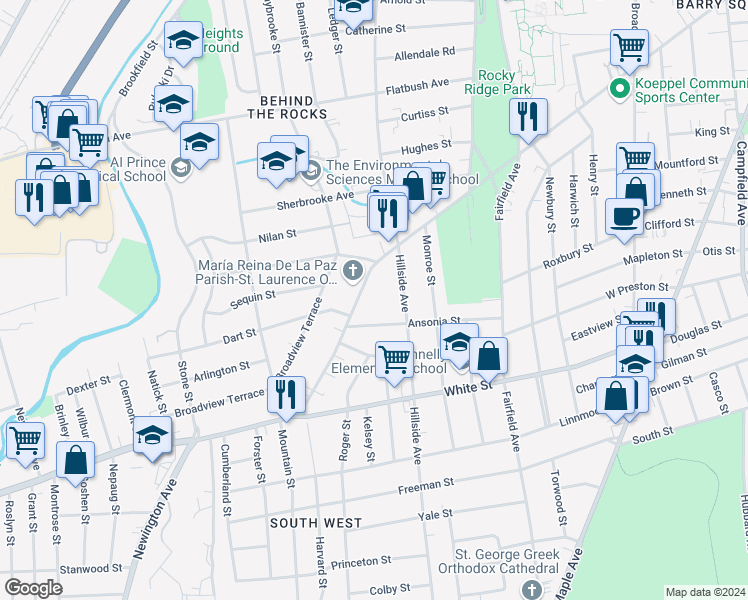 map of restaurants, bars, coffee shops, grocery stores, and more near 509 New Britain Avenue in Hartford