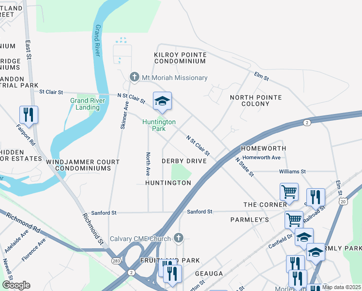 map of restaurants, bars, coffee shops, grocery stores, and more near 840 Derby Drive in Painesville