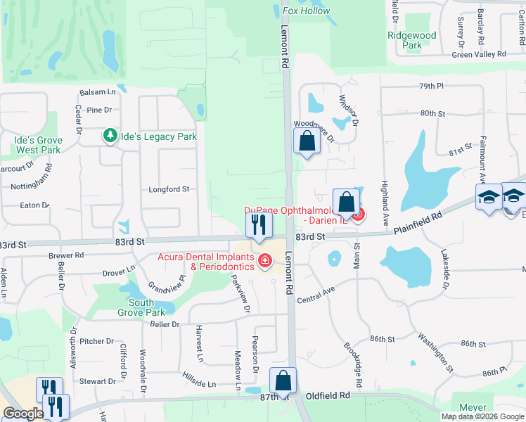 map of restaurants, bars, coffee shops, grocery stores, and more near 8240 Lemont Road in Downers Grove