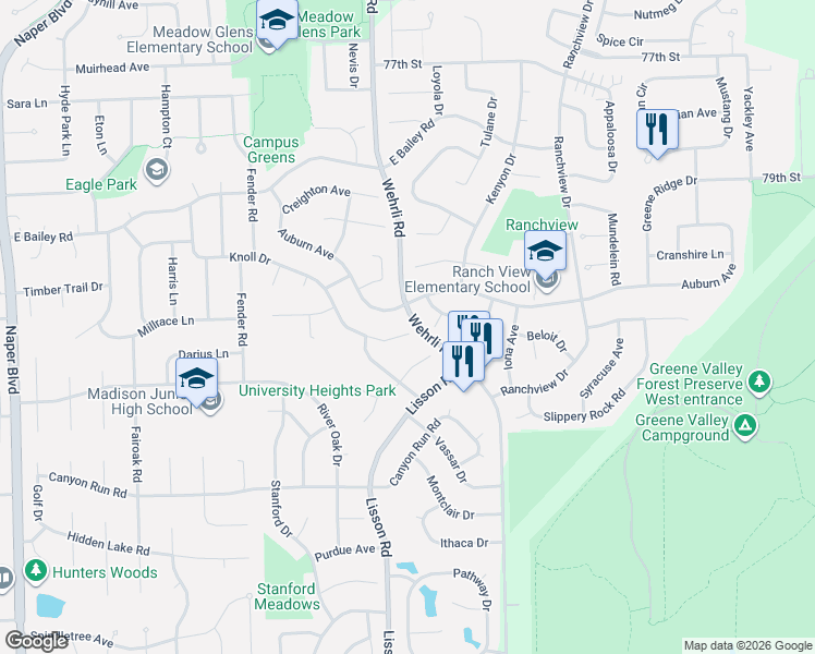 map of restaurants, bars, coffee shops, grocery stores, and more near 1439 Knoll Drive in Naperville