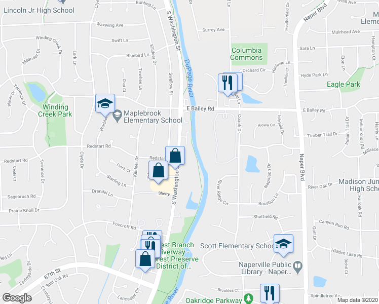 map of restaurants, bars, coffee shops, grocery stores, and more near 1700 South Washington Street in Naperville