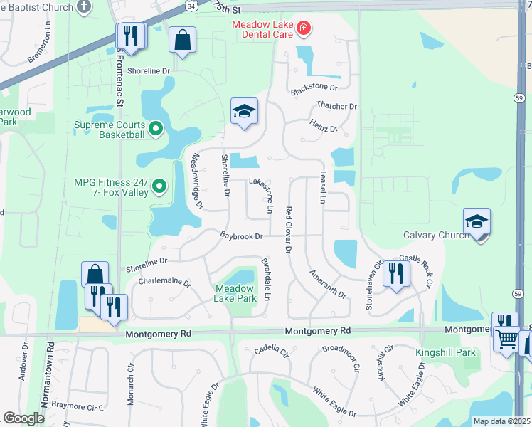 map of restaurants, bars, coffee shops, grocery stores, and more near 1036 Lakestone Lane in Aurora