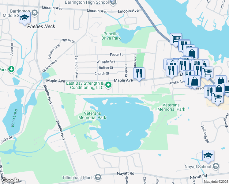 map of restaurants, bars, coffee shops, grocery stores, and more near 16 Joy Street in Barrington