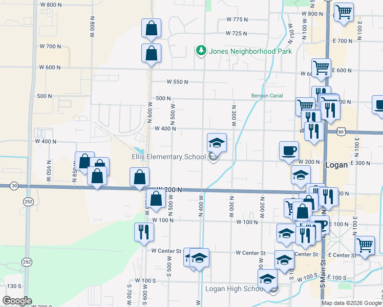 map of restaurants, bars, coffee shops, grocery stores, and more near 431 West 300 North in Logan