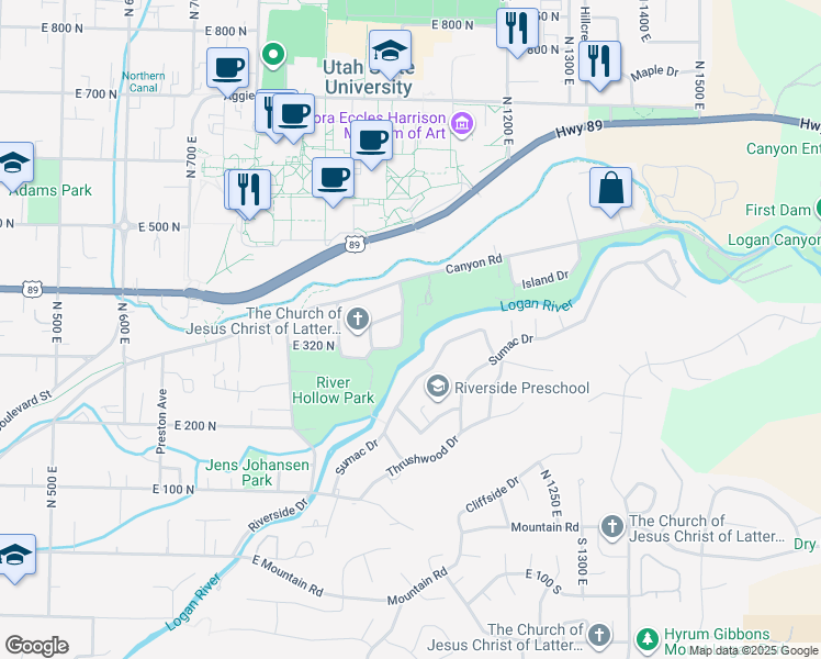 map of restaurants, bars, coffee shops, grocery stores, and more near 376 Lauralin Drive in Logan