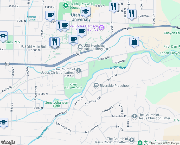 map of restaurants, bars, coffee shops, grocery stores, and more near 376 Lauralin Drive in Logan