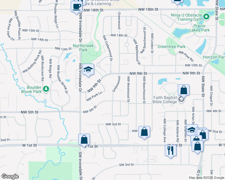 map of restaurants, bars, coffee shops, grocery stores, and more near 720 Northwest Greenwood Street in Ankeny