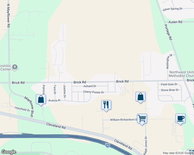 map of restaurants, bars, coffee shops, grocery stores, and more near 22499-22645 Brick Rd in South Bend