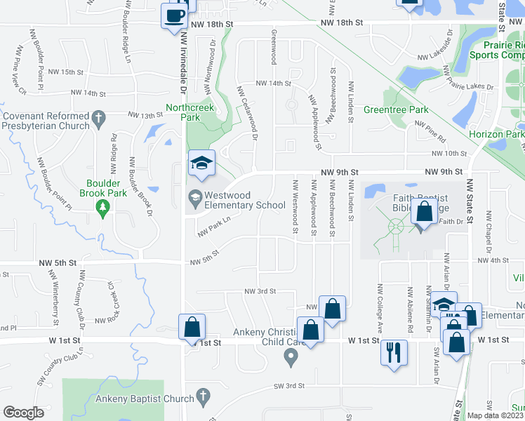 map of restaurants, bars, coffee shops, grocery stores, and more near 716 Northwest Greenwood Street in Ankeny