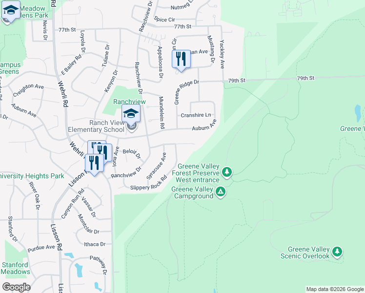 map of restaurants, bars, coffee shops, grocery stores, and more near 1804 Denison Road in Naperville