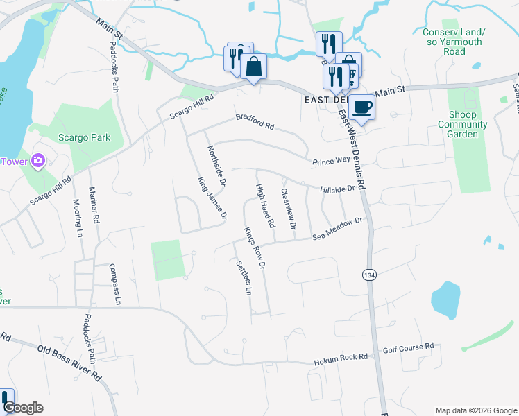 map of restaurants, bars, coffee shops, grocery stores, and more near 22 Kings Row Drive in Dennis